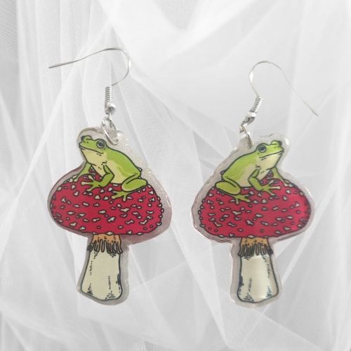 Frog Sitting on a Red Mushroom Silver Plated Hook Earrings