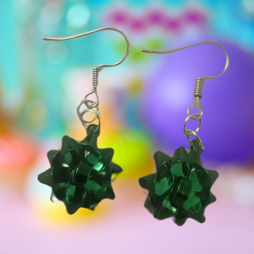 Green Tied with a Bow Silver Hook Earrings