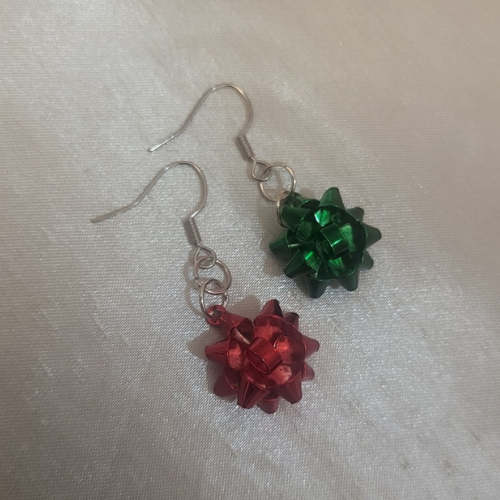 Red and Green Tied with a Bow Silver Hook Earrings