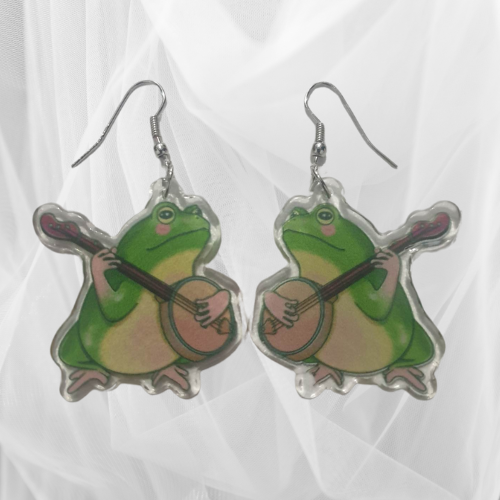 Frog with Guitar Silver Plated Hook Earrings