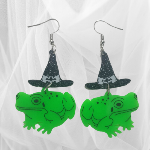 Frog with a Black Witch Hat Silver Plated Hook Earrings