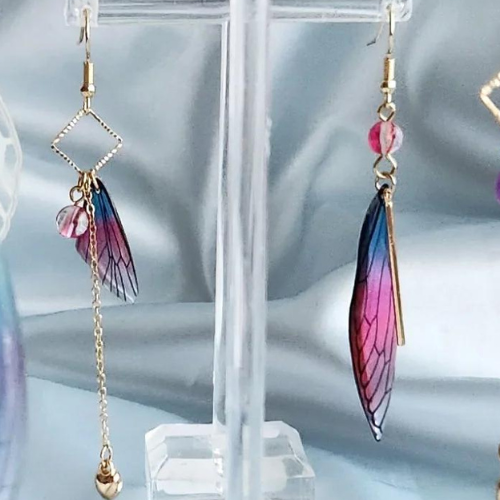 Blue and Purple Lacewing Flutter Gold Hook Earrings