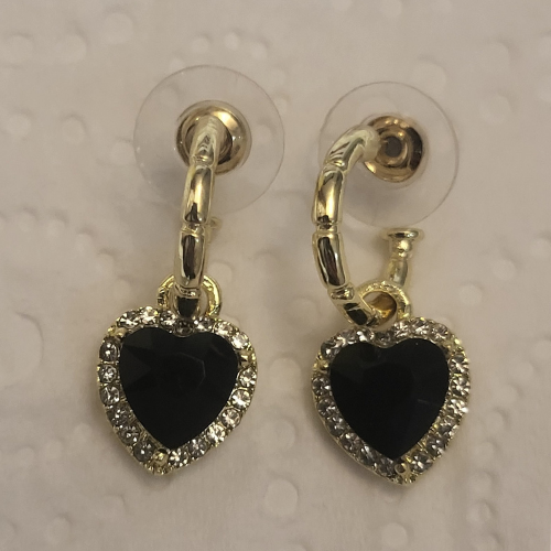 Gold Plated Hoop Earrings with Black Heart Drop