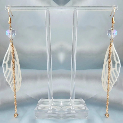 White Lacewing Flutter Gold Hook Earrings