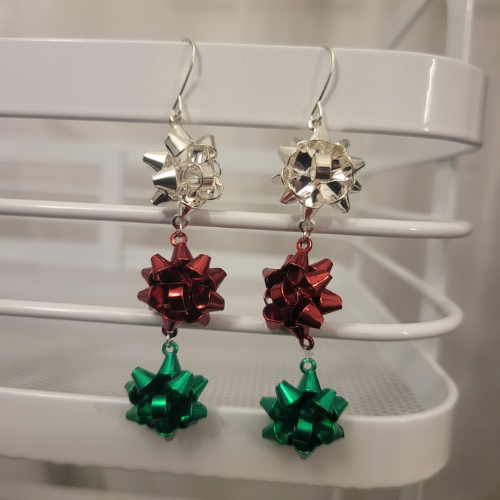 Silver and Red and Green Triple Bows Silver Plated Hooks Earrings