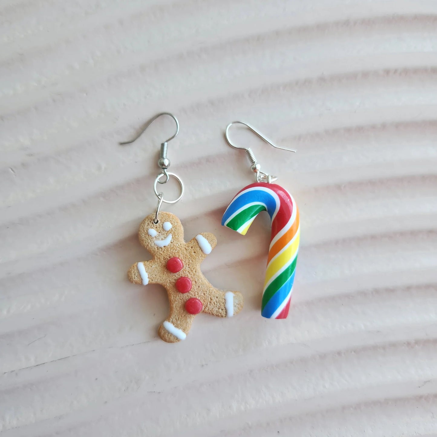 Gingerbread Men & Rainbow Candy Cane Silver Plated Hook Earrings