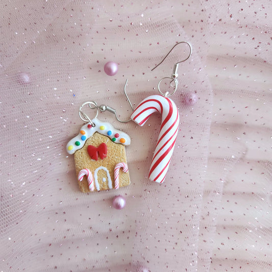 Gingerbread House & Red and White Candy Cane Silver Plated Hook Earrings