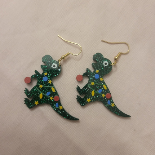 Christmas Dinosaurs Gold Plated Hook Earrings